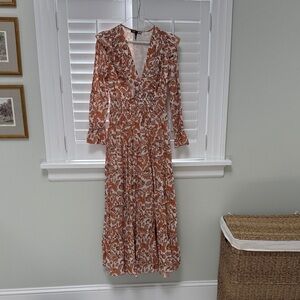 Maje Rust and Cream Floral Ruffle V-Neck Maxi Dress